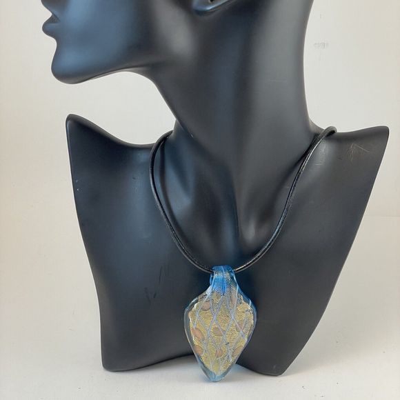 Vermeil & Dichroic Glass Pendant Blue  On Robert Lee Morris Black Cord Necklace - Picture 10 of 15